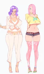 Size: 600x1007 | Tagged: artist:doxy, belly button, belt, big breasts, bimbo, blazer, blue eyes, booty shorts, breasts, busty fluttershy, busty rarity, choker, clothes, collar, curvy, derpibooru import, eyebrows, female, females only, fluttershy, glasses, hair over one eye, hourglass figure, huge breasts, human, humanized, light skin, looking at you, midriff, pink hair, pixiv, purple hair, rarity, sexy, shirt, shoes, shorts, sluttershy, smiling, stockings, suggestive, thigh highs, underboob, wide hips