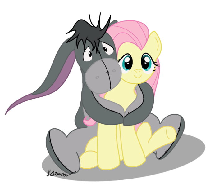 Size: 888x739 | Tagged: safe, artist:sylvesterkittycat, derpibooru import, fluttershy, crossover, eeyore, hug, simple background, transparent background, winnie the pooh