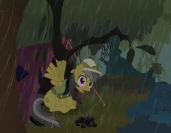 Size: 10000x7800 | Tagged: safe, artist:csillaghullo, derpibooru import, daring do, pegasus, pony, absurd resolution, camp, campfire, everfree, everfree forest, forest, hat, jungle, rain, smoke, solo, storm, tent, vector