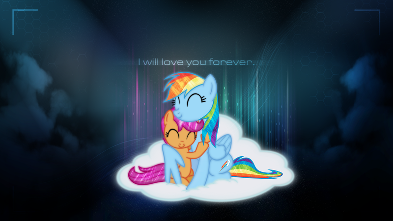 Size: 1920x1080 | Tagged: artist:forgotten5p1rit, cloud, dark, derpibooru import, hug, rainbow dash, safe, scootaloo, scootalove, vector, wallpaper, winghug