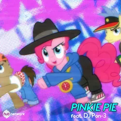 Size: 549x549 | Tagged: safe, derpibooru import, official, screencap, doctor whooves, goldengrape, pinkie pie, red delicious, sir colton vines iii, time turner, vinyl scratch, pony, testing testing 1-2-3, apple family member, rap, rapper pie, the hub