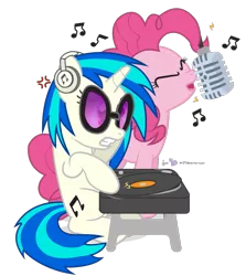 Size: 735x825 | Tagged: artist:dm29, derpibooru import, duo, microphone, pinkie pie, prehensile mane, rap, rapper pie, rapping, safe, simple background, singing, testing testing 1-2-3, transparent background, turntable, vinyl scratch