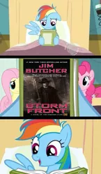 Size: 581x1000 | Tagged: bed, book, book cover, comic, derpibooru import, dresden files, edit, edited screencap, exploitable meme, hospital bed, meme, rainbow dash, reading rainbow, read it and weep, safe, screencap, screencap comic, the dresden files
