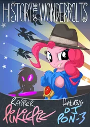 Size: 848x1200 | Tagged: artist:mysticalpha, clothes, derpibooru import, gold tooth, hat, pinkie pie, poster, rapper pie, safe, silhouette, testing testing 1-2-3, vinyl scratch, wonderbolts