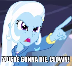 Size: 919x835 | Tagged: safe, derpibooru import, trixie, equestria girls, guitar centered, rainbow rocks, happy gilmore, image macro, meme, pointing, pointing trixie, solo, text, trixie yells at everything