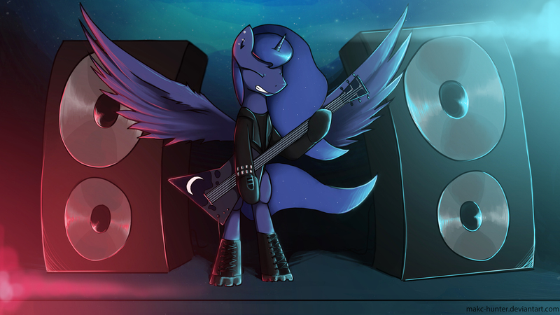 Size: 3840x2160 | Tagged: safe, artist:makc-hunter, derpibooru import, princess luna, pony, bipedal, guitar, solo