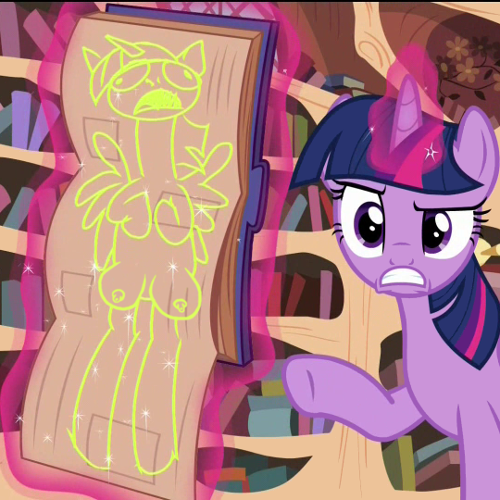 Size: 500x500 | Tagged: questionable, derpibooru import, edit, edited screencap, screencap, twilight sparkle, twilight sparkle (alicorn), alicorn, pony, testing testing 1-2-3, book, centerfold, crotchboobs, drawing, female, i am not that tall, impossibly large crotchboobs, mare, nipples, nudity, rainbow dash's centerfold, scene parody, solo, solo female