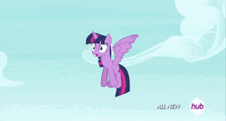 Size: 640x344 | Tagged: safe, derpibooru import, screencap, cherry berry, twilight sparkle, twilight sparkle (alicorn), alicorn, earth pony, pony, testing testing 1-2-3, all new, animated, aviator hat, female, flying, hat, helicopter, hub logo, mare, pedalcopter, product placement, surprised, text, wide eyes