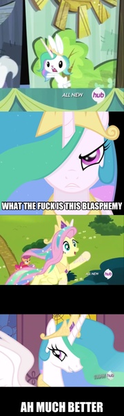 Size: 1494x4990 | Tagged: safe, derpibooru import, edited screencap, screencap, angel bunny, fluttershy, princess celestia, alicorn, pegasus, pony, rabbit, testing testing 1-2-3, angelestia, celestia costume, celestia's crown, comic, fake horn, female, flying, mare, peytral, screencap comic, shylestia, vulgar