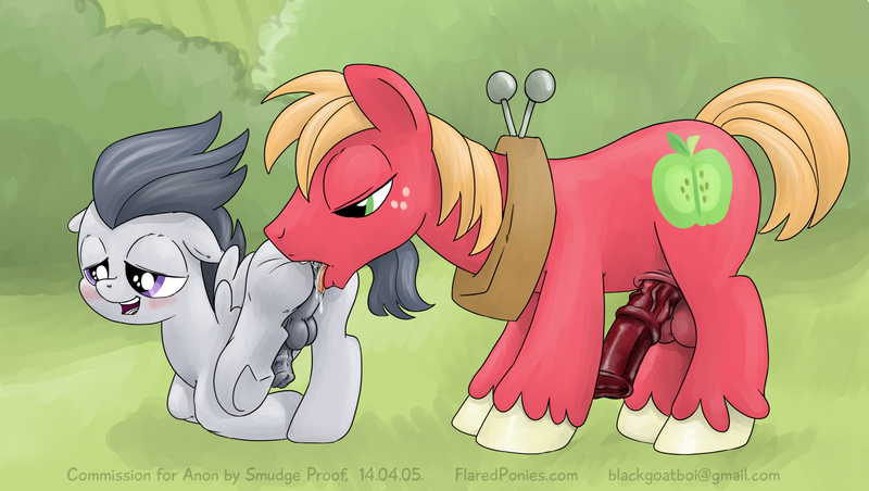 Size: 1500x848 | Tagged: explicit, artist:smudge proof, derpibooru import, big macintosh, rumble, earth pony, pegasus, pony, age difference, analingus, anus, balls, commission, erection, foalcon, gay, green eyes, licking, male, nudity, oral, outdoors, penis, plot, purple eyes, rumblemac, stallion, stallion on colt, tongue out