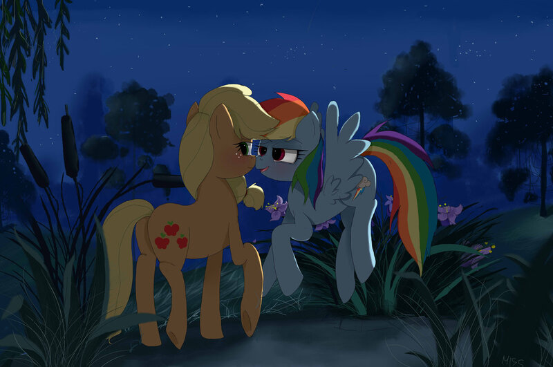 Size: 1024x680 | Tagged: safe, artist:misspolycysticovary, derpibooru import, applejack, rainbow dash, appledash, bedroom eyes, blushing, boop, dark, female, lesbian, night, noseboop, shipping