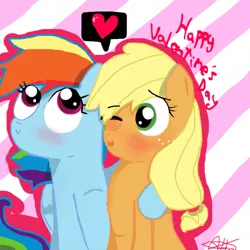 Size: 894x894 | Tagged: safe, artist:misspolycysticovary, derpibooru import, applejack, rainbow dash, appledash, blushing, female, heart, hug, lesbian, shipping