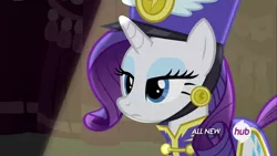 Size: 1920x1080 | Tagged: safe, derpibooru import, screencap, rarity, pony, unicorn, testing testing 1-2-3, ancient wonderbolts uniform, clothes, female, flat stare, frown, hat, hub logo, lidded eyes, mare, rarity is not amused, reaction image, sgt. rarity, solo, still, unamused, uniform