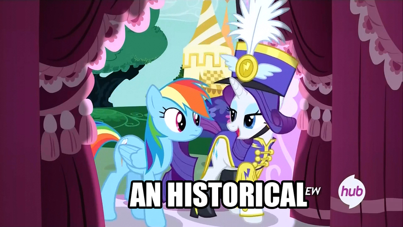 Size: 1280x720 | Tagged: safe, derpibooru import, screencap, rainbow dash, rarity, pegasus, pony, unicorn, testing testing 1-2-3, ancient wonderbolts uniform, clothes, duo, female, grammar, hat, hub logo, image macro, mare, meme, open mouth, sgt. rarity, shako, uniform