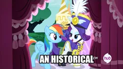 Size: 1280x720 | Tagged: safe, derpibooru import, screencap, rainbow dash, rarity, pegasus, pony, unicorn, testing testing 1-2-3, ancient wonderbolts uniform, clothes, duo, female, grammar, hat, hub logo, image macro, mare, meme, open mouth, sgt. rarity, shako, uniform