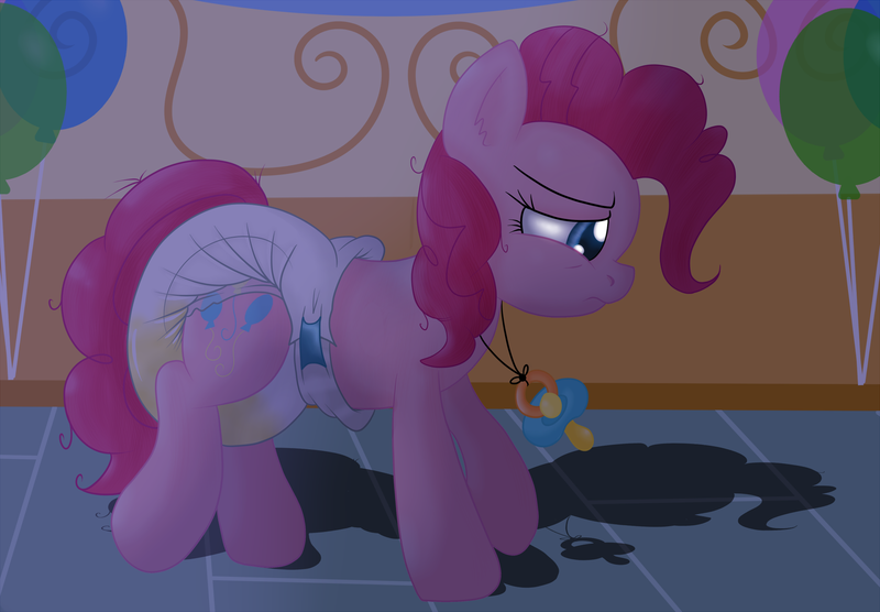 Size: 1800x1250 | Tagged: adult foal, artist:fillyscoots42, diaper, diaper fetish, female, pacifier, pinkie pie, poofy diaper, questionable, sad, solo, solo female, urine, wet, wet diaper