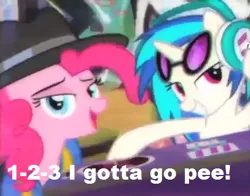 Size: 426x334 | Tagged: safe, derpibooru import, screencap, pinkie pie, vinyl scratch, pony, testing testing 1-2-3, arin hanson, caption, danny sexbang, egoraptor, full bladder, image macro, meme, ninja sex party, rapper pie, rapping, starbomb