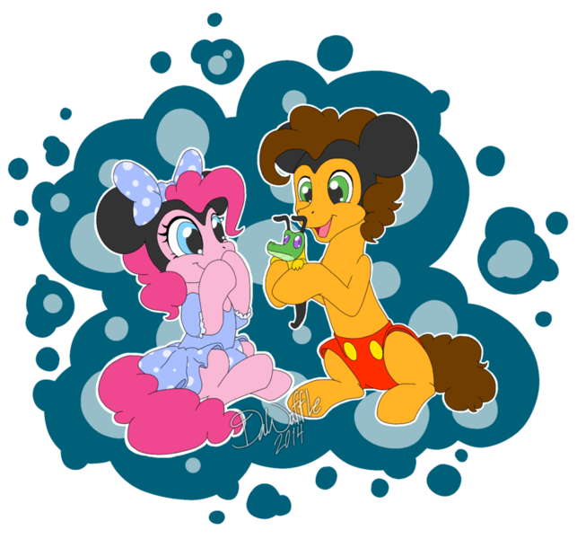 Size: 925x863 | Tagged: safe, artist:bananasplitzel, derpibooru import, cheese sandwich, gummy, pinkie pie, bow, cheesepie, clothes, costume, cute, diacheeses, diapinkes, disney, dress, female, male, mickey mouse, minnie mouse, shipping, shorts, sitting, smiling, straight