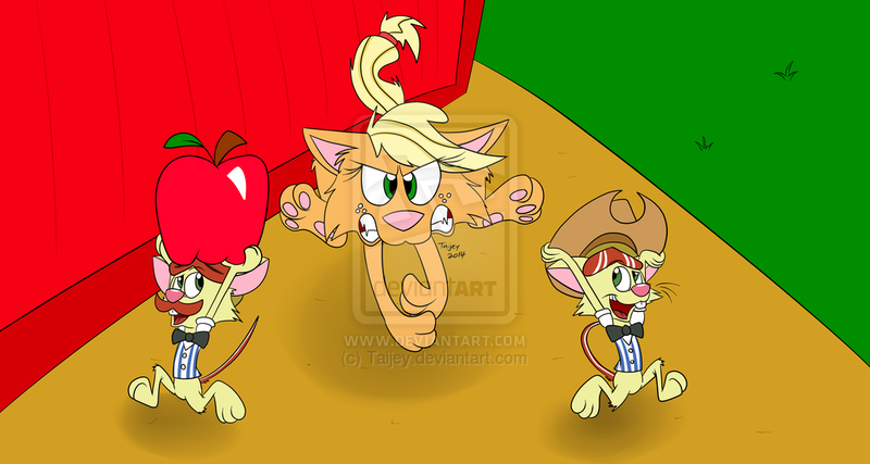 Size: 1024x546 | Tagged: apple, applecat, applejack, artist:taijey, cat, catified, derpibooru import, flam, flim, flim flam brothers, hat, mouse, mousified, safe, species swap, watermark