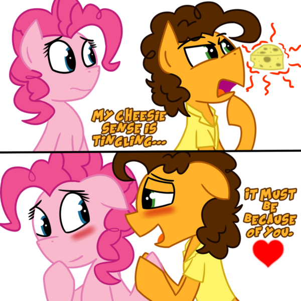 Size: 894x894 | Tagged: source needed, safe, artist:kev-darkhood, derpibooru import, cheese sandwich, pinkie pie, blushing, cheese, cheesepie, cheesy sense, comic, cute, dialogue, eye contact, female, flirting, floppy ears, frown, glare, heart, hilarious in hindsight, holding hooves, lidded eyes, looking at each other, male, open mouth, shipping, smiling, straight, thinking