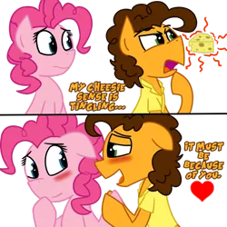 Size: 894x894 | Tagged: source needed, safe, artist:kev-darkhood, derpibooru import, cheese sandwich, pinkie pie, blushing, cheese, cheesepie, cheesy sense, comic, cute, dialogue, eye contact, female, flirting, floppy ears, frown, glare, heart, hilarious in hindsight, holding hooves, lidded eyes, looking at each other, male, open mouth, shipping, smiling, straight, thinking