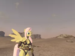 Size: 800x600 | Tagged: 3d, anthro, artist:krautalicornss, breasts, cgi, clothes, dead or alive, derpibooru import, desert, fallout, fallout: new vegas, female, fluttershy, gun, mod, pipboy, revolver, solo, suggestive, weapon