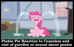 Size: 1024x642 | Tagged: semi-grimdark, suggestive, derpibooru import, edit, edited screencap, screencap, pinkie pie, earth pony, pony, fanfic:cupcakes, baby cakes, anti-clop, crying, obligatory pony, ocular gushers, reaction to own portrayal, solo