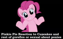 Size: 1024x640 | Tagged: derpibooru import, edit, fanfic:cupcakes, obligatory pony, pinkie pie, pro-clop, reaction, reaction to own portrayal, semi-grimdark, shrug, suggestive