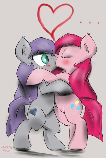 Size: 800x1190 | Tagged: dead source, safe, artist:macheteponies, derpibooru import, maud pie, pinkie pie, earth pony, pony, bipedal leaning, ear fluff, female, heart, incest, kissing, lesbian, piecest, pinkamena diane pie, pinkiemaud, shipping, siblings, sisters