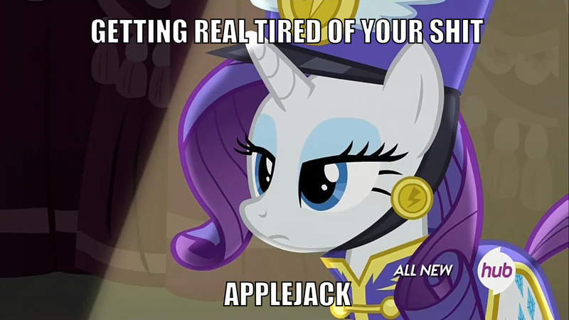 Size: 1366x768 | Tagged: ancient wonderbolts uniform, deadpan, derpibooru import, hub logo, image macro, implied applejack, meme, rarity, rarity is not amused, safe, screencap, sgt. rarity, solo, testing testing 1-2-3, tired of your shit, vulgar