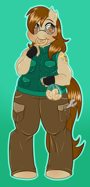 Size: 2833x5846 | Tagged: absurd resolution, anthro, anthro oc, artist:meb90, bag, chubby, clothes, derpibooru import, eating, fingerless gloves, glasses, gloves, honey buns, muscles, oc, oc:jackie trade, safe, solo, unofficial characters only, wrench