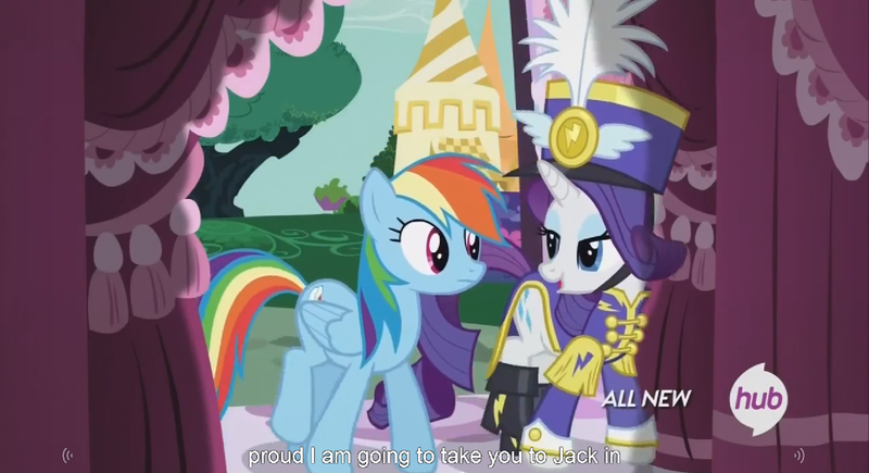 Size: 1251x680 | Tagged: ancient wonderbolts uniform, derpibooru import, hub logo, meme, rainbow dash, rarity, safe, screencap, sgt. rarity, testing testing 1-2-3, youtube caption