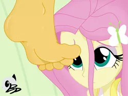 Size: 2048x1536 | Tagged: suggestive, artist:bronypanda, derpibooru import, fluttershy, sunset shimmer, equestria girls, barefoot, eyeshadow, feet, female, femdom, femsub, fetish, foot fetish, foot focus, humanized, lesbian, submissive, sunshyne, sweat