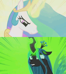 Size: 1280x1440 | Tagged: a canterlot wedding, animated, beam struggle, changeling, changeling queen, derpibooru import, edit, eyes closed, female, fight, flinch, frown, glare, gritted teeth, magic, pain, princess celestia, queen chrysalis, safe, screencap, shaking, smiting