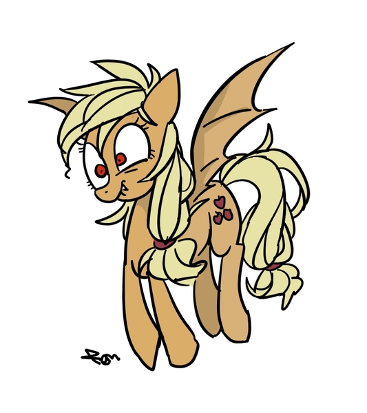 Size: 800x900 | Tagged: safe, artist:remsica, derpibooru import, applejack, bat pony, pony, vampire fruit bat, applebat, crazy face, derp, fangs, red eyes, simple background, solo