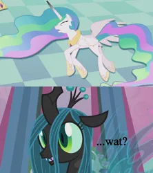 Size: 1280x1440 | Tagged: a canterlot wedding, changeling, changeling queen, defeat, derpibooru import, edit, female, princess celestia, queen chrysalis, reaction image, safe, screencap, surprised, text, wat, worfed