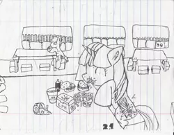 Size: 2468x1928 | Tagged: safe, artist:alexi148, derpibooru import, coco crusoe, twilight sparkle, twilight sparkle (alicorn), alicorn, pony, twilight time, burger, female, food, french fries, hay burger, hay fries, lined paper, mare, restaurant, scene interpretation, that pony sure does love burgers, this will end in weight gain, traditional art, twilight burgkle