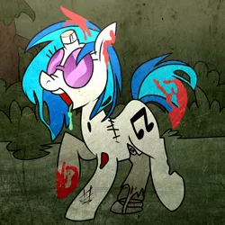 Size: 1500x1500 | Tagged: semi-grimdark, artist:scribblerex, derpibooru import, vinyl scratch, pony, undead, unicorn, zombie, zombie pony, blood, broken horn, dead, drool, female, mare, solo