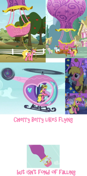 Size: 939x1900 | Tagged: safe, derpibooru import, edit, edited screencap, screencap, cherry berry, cotton cloudy, dinky hooves, earth pony, pony, leap of faith, luna eclipsed, spike at your service, the mysterious mare do well, aviator hat, female, hat, helicopter, hot air balloon, mare, observation, pedalcopter, pink text, raincloud, text, twinkling balloon