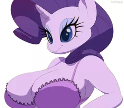 Size: 947x828 | Tagged: anthro, anti-gravity boobs, armpits, artist:sunibee, big breasts, bra, bra overflow, breasts, busty rarity, cleavage, clothes, derpibooru import, eyelashes, female, frilly underwear, huge breasts, rarity, simple background, smiling, solo, suggestive, underwear, white background