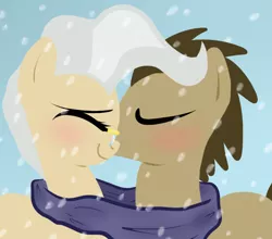 Size: 710x624 | Tagged: artist:mishti14, blushing, clothes, derpibooru import, doctor mayor, doctor whooves, eyes closed, female, kissing, male, mareturner, mayor mare, safe, scarf, shared clothing, shared scarf, shipping, smiling, snow, straight, time turner