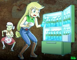 Size: 1000x785 | Tagged: safe, artist:uotapo, derpibooru import, applejack, granny smith, equestria girls, leap of faith, dancing, drink, fallout, fallout 3, lunchlady smith, nuka cola, nuka cola quantum, radiation, refrigerator, this will end in cancer, this will end in tears and/or death, tonic