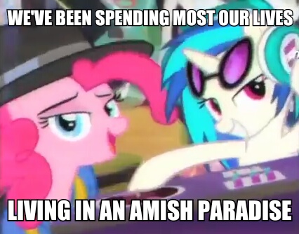 Size: 426x334 | Tagged: amish paradise, derpibooru import, image macro, meme, pinkie pie, rapper pie, safe, song reference, testing testing 1-2-3, vinyl scratch, weird al yankovic