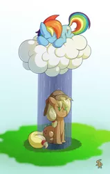 Size: 596x935 | Tagged: abuse, applejack, artist:sound-resonance, cloud, derpibooru import, jackabuse, rain, rainbow dash, safe, sleeping, unamused