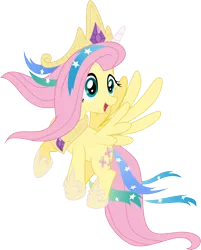 Size: 8260x10275 | Tagged: safe, artist:sonnatora, derpibooru import, fluttershy, pegasus, pony, testing testing 1-2-3, absurd resolution, celestia costume, celestia's crown, crown, fake horn, female, flying, implied princess celestia, jewelry, mare, peytral, regalia, shylestia, simple background, solo, spread wings, transparent background, vector, wings