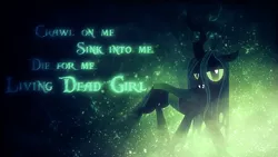 Size: 1920x1080 | Tagged: artist:racefox, artist:tzolkine, derpibooru import, fangs, glow, living dead girl, lyrics, queen chrysalis, rob zombie, safe, solo, song reference, vector, wallpaper