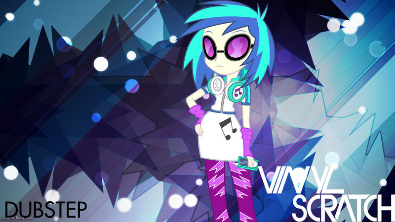 Size: 2560x1440 | Tagged: safe, artist:adrianimpalamata, artist:game-beatx14, artist:vaux111, derpibooru import, vinyl scratch, equestria girls, music to my ears, glasses, headphones, logo, mp3 player, solo, vector, wallpaper