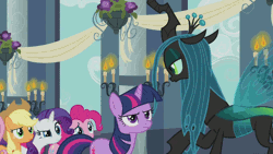 Size: 1280x720 | Tagged: a canterlot wedding, animated, applejack, candle, changeling, changeling queen, chin up, derpibooru import, female, flower, fluttershy, frown, glare, gloating, hoof on chin, pinkie pie, queen chrysalis, raised eyebrow, rarity, safe, screencap, slap, smug, twilight is not amused, twilight sparkle, unamused, villains touching twilight