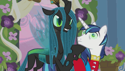 Size: 1024x576 | Tagged: a canterlot wedding, animated, changeling, changeling queen, close-up, derpibooru import, face shove, female, flapping, flower, gloating, mind control, queen chrysalis, safe, screencap, shining armor, sneer