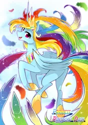 Size: 600x849 | Tagged: safe, artist:namagakiokami, artist:yuki-zakuro, derpibooru import, rainbow dash, alicorn, pony, alicornified, feather, jewelry, looking at you, princess rainbow dash, race swap, rainbowcorn, regalia, solo, text